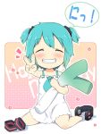  alternate_hair_length alternate_hairstyle aqua_hair blush child closed_eyes grin hatsune_miku headphones pillow short_hair short_twintails smile solo spring_onion themed_object tsukina_(artist) twintails v vocaloid young 