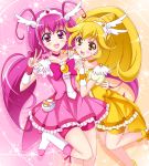  2girls bike_shorts blonde_hair boots choker cure_happy cure_peace dress head_wings hoshizora_miyuki jewel_(artist) kise_yayoi long_hair magical_girl multiple_girls open_mouth pink_bike_shorts pink_eyes pink_hair ponytail precure shorts_under_skirt skirt smile smile_precure! tiara twintails v wrist_cuffs yellow_bike_shorts yellow_dress yellow_eyes 