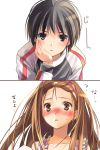  black_hair blue_eyes blush brown_eyes brown_hair face idolmaster kikuchi_makoto long_hair minase_iori raglan_sleeves reverse_trap short_hair taira_tsukune translated translation_request 