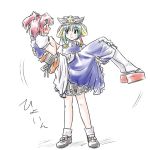  blush carrying clog_sandals green_hair hat onozuka_komachi princess_carry red_eyes red_hair redhead shikieiki_yamaxanadu short_hair supon tabi touhou twintails 