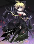  black_dress blonde_hair blue_eyes crossdressing crossdressinging detached_sleeves dress eyepatch flower hair_ribbon imitation_black_(vocaloid) kagamine_len male petals ribbon rose short_hair solo sopra thigh-highs thighhighs trap vocaloid 