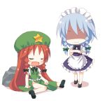  chibi closed_eyes hat hong_meiling izayoi_sakuya knife long_hair maid meito_(maze) red_hair silver_hair sleeping touhou twin_braids 