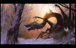  creature dragon fangs fantasy forest horns lake leash nature randis riding scenery snow sunset tree wings winter 
