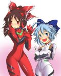  ahoge ayanami_rei ayanami_rei_(cosplay) bad_id blue_eyes blue_hair bow brown_hair cirno cosplay crossover hakurei_reimu maboroshi_suguru multiple_girls neon_genesis_evangelion plugsuit red_eyes short_hair souryuu_asuka_langley souryuu_asuka_langley_(cosplay) touhou 