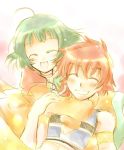  1girl farah_oersted green_hair grin hug mochizuki_(riyo) red_hair redhead rid_hershel smile tales_of_(series) tales_of_eternia 