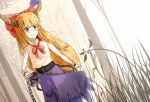  1girl bare_shoulders brown_eyes chain gourd grass horns ibuki_suika long_hair ochau orange_hair sleeveless_shirt smile solo touhou 