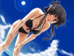  alternate_hairstyle bent_over bikini black_eyes black_hair breasts cleavage dutch_angle k-on! large_breasts leaning_forward lens_flare long_hair miyai_max solo swimsuit wet 