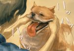  animal dog fingersmile kodama_(artist) open_mouth original over_shoulder pinch pinching saliva smile teeth tongue 