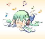  akihazama bad_id barefoot chibi frog green_hair hair_ornament headphones kochiya_sanae long_hair musical_note snake touhou 