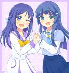  2girls :d ;d aoki_reika blue_eyes blue_hair crossover dokidoki!_precure english hair_ornament hair_ribbon hairclip hishikawa_rikka holding_hands long_sleeves multiple_girls necktie open_mouth precure ribbon school_uniform skirt smile smile_precure! wink 