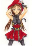  arms_behind_head bad_id belt brown_eyes brown_hair buckle buckles gloves guilty_gear hands_behind_head hat long_hair may may_(guilty_gear) pantyhose pirate pirate_hat shin_k skull_and_crossbones strap traditional_media undressing 