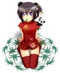  black_hair bob_cut china hair_ornament hair_ribbon kawazoe_tamaki leaf leaves mouth_hold panda panda_ears purple_eyes ribbon short_hair short_shorts shorts side_ponytail sio sio_(rough) thigh-highs thighhighs violet_eyes zettai_ryouiki 