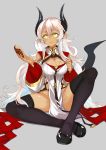  1girl :t black_legwear breasts cleavage cleavage_cutout detached_sleeves doughnut food gradient_hair green_eyes highres horns large_breasts long_hair multicolored_hair original pixiv_fantasia pixiv_fantasia_t pointy_ears realmbw silver_hair sitting solo thigh-highs two-tone_hair very_long_hair 