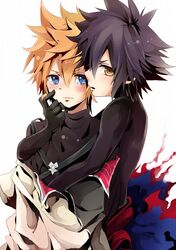  2boys black_hair blonde_hair blue_eyes dual_persona highres inazume-panko kingdom_hearts kingdom_hearts_birth_by_sleep looking_at_another male_focus multiple_boys parted_lips simple_background skin_tight spiky_hair spoilers tears undressing vanitas ventus white_background yellow_eyes 