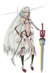  1girl bare_shoulders bodypaint collarbone dark_skin fate/grand_order fate_(series) full_body holding holding_sword holding_weapon huke long_hair navel official_art pink_eyes saber_(fate/grand_order) silver_hair slender_waist solo sword transparent_background very_long_hair weapon 