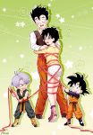  !? 1girl 3boys :d age_difference bangs black_eyes black_hair blue_hair blush brothers casual couple dougi dragon_ball dragon_ball_z green_background hands_on_another&#039;s_shoulders height_difference highres hug multiple_boys muraosa_(conjecture) open_mouth parted_bangs red_pants ribbon shoes short_hair shorts siblings smile son_gohan son_goten spiky_hair sweatdrop teeth tied_up trunks_(dragon_ball) videl wristband 