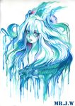  1girl absurdres artist_name blue blue_eyes dragon flower hair_flower hair_ornament highres limited_palette long_hair looking_at_viewer mr._j.w original portrait watermark 