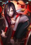  1girl alternate_costume alternate_hair_color bare_shoulders black_hair breasts chinese_clothes cleavage_cutout dagger gradient_hair green_eyes highres katarina_du_couteau kneeling league_of_legends licking_lips lipstick liuruoyu8888 long_hair looking_at_viewer makeup multicolored_hair pants redhead scar solo tongue tongue_out two-tone_hair weapon 