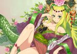  1girl bare_legs bare_shoulders blonde_hair breasts chinese_clothes cleavage collarbone green_eyes headdress henry_bird_9 jewelry long_hair meimei_(p&amp;d) panties pantyshot puzzle_&amp;_dragons smile solo underwear 