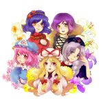  5girls blonde_hair blue_eyes blue_hair blush bow braid cherry_blossoms constellation cross-laced_clothes dress fan flower frilled_dress frills gradient_hair hair_bow hair_ornament hand_on_own_face hat hijiri_byakuren japanese_clothes kimono layered_dress leaf_hair_ornament lily_(flower) long_hair long_skirt long_sleeves mirror mob_cap morning_glory multicolored_hair multiple_girls nanomac obi open_mouth orchid pink_hair puffy_sleeves purple_hair red_cross red_eyes ribbon rope saigyouji_yuyuko saigyouji_yuyuko&#039;s_fan_design sash shimenawa short_hair silver_hair skirt smile sorcerer&#039;s_sutra_scroll touhou triangular_headpiece turtleneck umbrella very_long_hair violet_eyes white_background yagokoro_eirin yakumo_yukari yasaka_kanako 