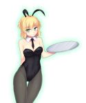  1girl alternate_costume animal_ears arm_behind_back bare_shoulders black_legwear blonde_hair blush breasts bunnysuit cleavage detached_collar fake_animal_ears gomi_(gomitin) green_eyes large_breasts looking_at_viewer mizuhashi_parsee necktie pantyhose pointy_ears rabbit_ears short_hair simple_background solo thigh_gap touhou tray white_background wrist_cuffs 