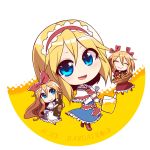  3girls :d ^_^ alcohol alice_margatroid basket beer beer_mug blonde_hair blue_eyes blush boots bottle bottle_opener capelet character_name chibi closed_eyes cookie dress food hairband happy hourai_doll kuresento looking_at_viewer multiple_girls open_mouth shanghai_doll short_hair smile touhou 