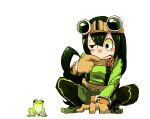  1girl :&gt; animal asui_tsuyu belt black_eyes black_hair blush_stickers bodysuit boku_no_hero_academia brown_gloves finger_to_mouth frog frog_girl gloves goggles goggles_on_head hair_ribbon harape highres long_hair low-tied_long_hair ribbon solo squatting tongue tongue_out uneven_eyes 