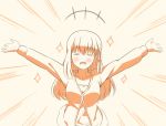  1girl arms_up blush closed_eyes dress fate/stay_night fate_(series) hair_ribbon long_hair matou_sakura monochrome open_mouth outstretched_arms ribbon simple_background smile solo translation_request tsukumo 