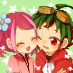  1boy 1girl ;d cheek-to-cheek child flower goggles goggles_on_head green_hair hair_flower hair_ornament hiiragi_yuzu hiyoseri hoodie lowres multicolored_hair one_eye_closed open_mouth pink_hair red_eyes redhead sakaki_yuuya short_twintails smile twintails two-tone_hair younger yuu-gi-ou yuu-gi-ou_arc-v 