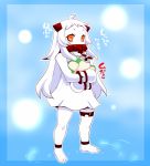  1girl ahoge airplane chestnut covered_mouth dress horns jewelry kantai_collection long_hair looking_at_viewer mittens northern_ocean_hime object_hug older orange_eyes pendant sako_(bosscoffee) shinkaisei-kan solo translation_request white_dress white_hair white_skin 
