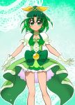 1girl alternate_color bow brooch choker cure_flora cure_flora_(cosplay) gloves go!_princess_precure green green_background green_eyes green_hair green_skirt hair_bow ikkyuu jewelry midorikawa_nao ponytail precure puffy_short_sleeves puffy_sleeves short_hair short_sleeves skirt smile smile_precure! solo standing yellow_bow 