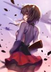  1girl airplane ass backlighting bike_shorts bow_(weapon) brown_eyes brown_hair cowboy_shot crossbow debris felix_(felix901123) from_behind headband headgear kantai_collection looking_at_viewer messy_hair outdoors parted_lips pleated_skirt profile purple_sky short_hair side_glance skirt small_breasts solo taihou_(kantai_collection) thigh-highs upskirt weapon wind wind_lift 