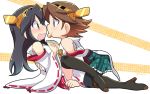  2girls bare_shoulders black_hair black_legwear brown_hair detached_sleeves haruna_(kantai_collection) headgear hiei_(kantai_collection) kantai_collection long_hair multiple_girls nontraditional_miko open_mouth short_hair wavy_mouth wide_sleeves 