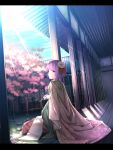  1girl blue_sky building calligraphy_brush cherry_blossoms clouds floral_print flower garden hair_flower hair_ornament hieda_no_akyuu highres japanese_clothes kimono looking_at_viewer paintbrush purple_hair scroll sitting sky smile solo sunlight touhou tree veranda waterdog 