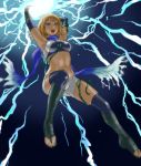  1girl armpits arms_up blonde_hair breasts crop_top detached_sleeves electricity eleka gradient_hair highres hottiku kid_icarus kid_icarus_uprising magic midriff multicolored_hair navel orange_hair over-kneehighs scarf short_hair shorts solo thigh-highs toeless_legwear violet_eyes 