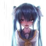  1girl bai_yemeng blue_eyes blush collarbone crying crying_with_eyes_open green_hair hair_ribbon hatsune_miku highres nose_blush open_mouth rain ribbon shirt solo tears twintails upper_body vocaloid white_background 