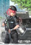  1girl ammunition_pouch armored_personnel_carrier artist_name backpack badge bag battle_rifle beret blue_eyes fingerless_gloves fn_fal gloves gun hat korean kws load_bearing_vest long_hair military military_police military_vehicle operator original pink_hair ponytail portuguese rifle translation_request vehicle volkswagen watch weapon 