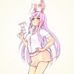  1girl ameyame animal_ears blush breasts bunny_tail collared_shirt finger_on_trigger gun hand_on_hip handgun highres legacy_of_lunatic_kingdom long_hair looking_at_viewer looking_down purple_hair rabbit_ears red_eyes reisen_udongein_inaba shirt skirt solo tail touhou very_long_hair weapon 