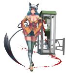  1girl blood blood_splatter blue_hair bra breasts cleavage collarbone demon_girl demon_horns demon_tail female grey_eyes grey_legwear hands_in_pockets hat highres horns jacket large_breasts long_hair long_sleeves masao off_shoulder one_eye_closed open_clothes open_jacket original phone_booth pink_bra scythe shorts solo tail thigh-highs thighs underwear 