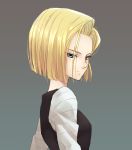  1girl ammonio android_18 bangs blonde_hair blue_eyes dragon_ball dragon_ball_z expressionless grey_background parted_bangs simple_background 