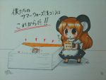  1girl animal_ears chibi highres kirisame_marisa long_hair mouse_ears mouse_tail orange_hair ribbon short_sleeves solo tail tail_ribbon touhou traditional_media white_ribbon yuasan 