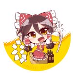  :d alcohol beer beer_mug blush bottle bow box brown_eyes brown_hair character_name chibi detached_sleeves donation_box gohei hair_bow hair_ribbon hair_tubes hakurei_reimu happy kuresento looking_at_viewer midriff navel open_mouth ribbon sitting_on_object smile touhou tsurime 