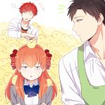  1girl 2boys ?? apfl0515 bird black_hair bow brown_eyes chick gekkan_shoujo_nozaki-kun hair_bow mikoshiba_mikoto multiple_boys nozaki_umetarou orange_hair polka_dot polka_dot_bow redhead sakura_chiyo too_many violet_eyes 