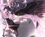  1girl feathers hat high_heels highres long_hair mansu original pantyhose solo wings yellow_eyes 