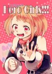  &gt;:d 1girl :d alternate_eye_color asako_(itiba) bare_shoulders blush bodysuit boku_no_hero_academia brown_hair cover cover_page detached_sleeves doujin_cover heart open_mouth payot red_eyes short_hair smile solo star starry_background uraraka_ochako 