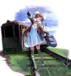  1girl asymmetrical_clothes bag black_gloves blue_sky breasts brown_hair bun_cover cleavage clouds double_bun dress gloves grass hair_bun highres jacket long_sleeves masao moss open_clothes open_jacket original over-kneehighs pointing pointing_forward railroad_tracks scenery sky smile solo striped striped_legwear thigh-highs train white_dress wreckage yellow_eyes zettai_ryouiki 