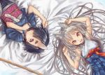  2girls :d animal_ears bamboo bed_sheet black_hair eyebrows fox_ears horn japanese_clothes long_hair looking_at_viewer lying mole mole_under_eye multiple_girls on_back open_mouth original red_eyes short_hair silver_hair sleeveless smile suzuno_(bookshelf) thick_eyebrows very_long_hair violet_eyes 