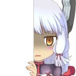  1girl bow brown_eyes hair_bow hair_ribbon headgear kantai_collection long_hair looking_at_viewer murakumo_(kantai_collection) nagineko parted_lips peeking_out remodel_(kantai_collection) ribbon school_uniform serafuku shaded_face simple_background solo transparent_background white_hair 