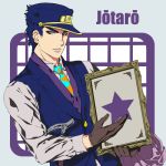  blue_hair cane earrings gloves green_eyes hat jewelry jojo_no_kimyou_na_bouken kuujou_joutarou necktie picture_frame shinobu_(yuka9119) star vest 