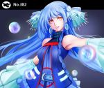  1girl asymmetrical_hair belt blue_clothes blue_hair bow braid bubble detached_sleeves earrings eyebrows_visible_through_hair hair_bow jewelry kyogre long_hair mr._j.w number personification pokemon solo yellow_eyes 